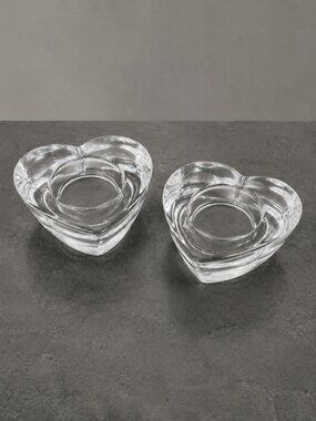 Crate & Barrel Clear Glass Heart Votive Candle Holders Pair Red Candles